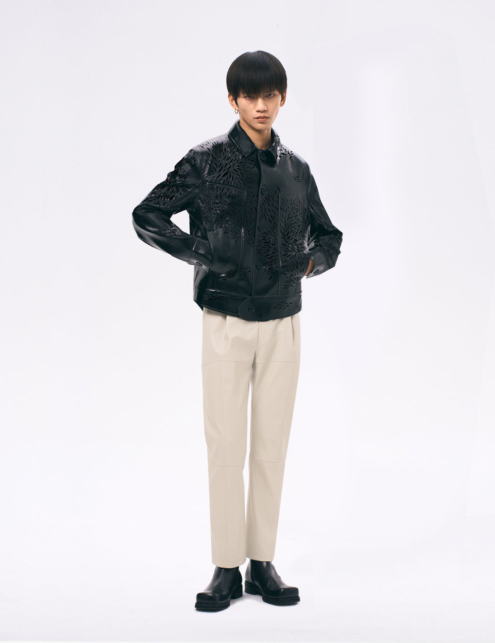 Xu Zhang Black Laser Cut Leather Jacket