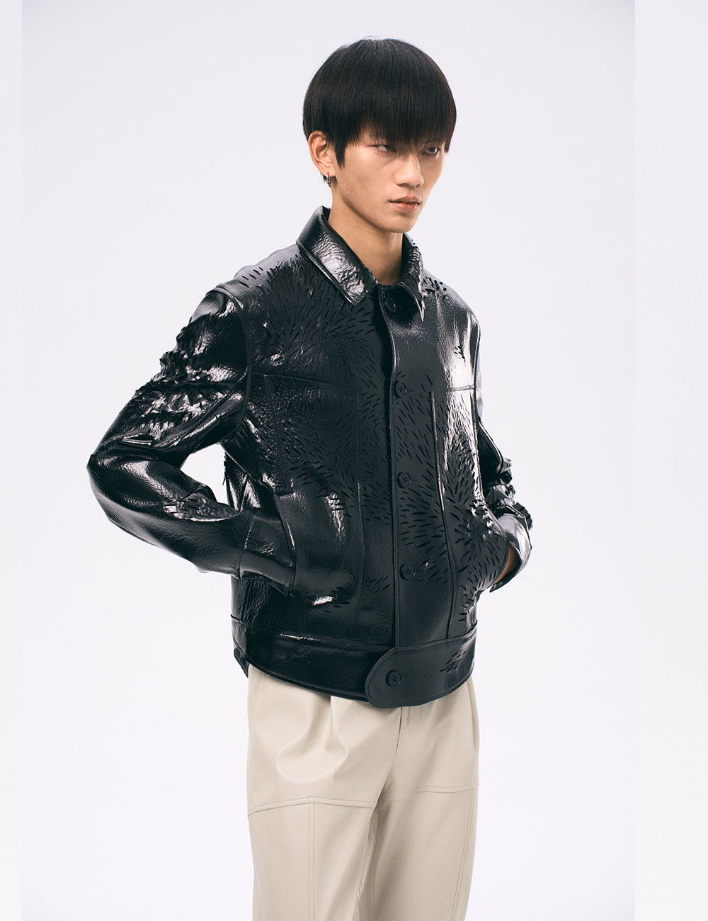 Xu Zhang Black Laser Cut Leather Jacket