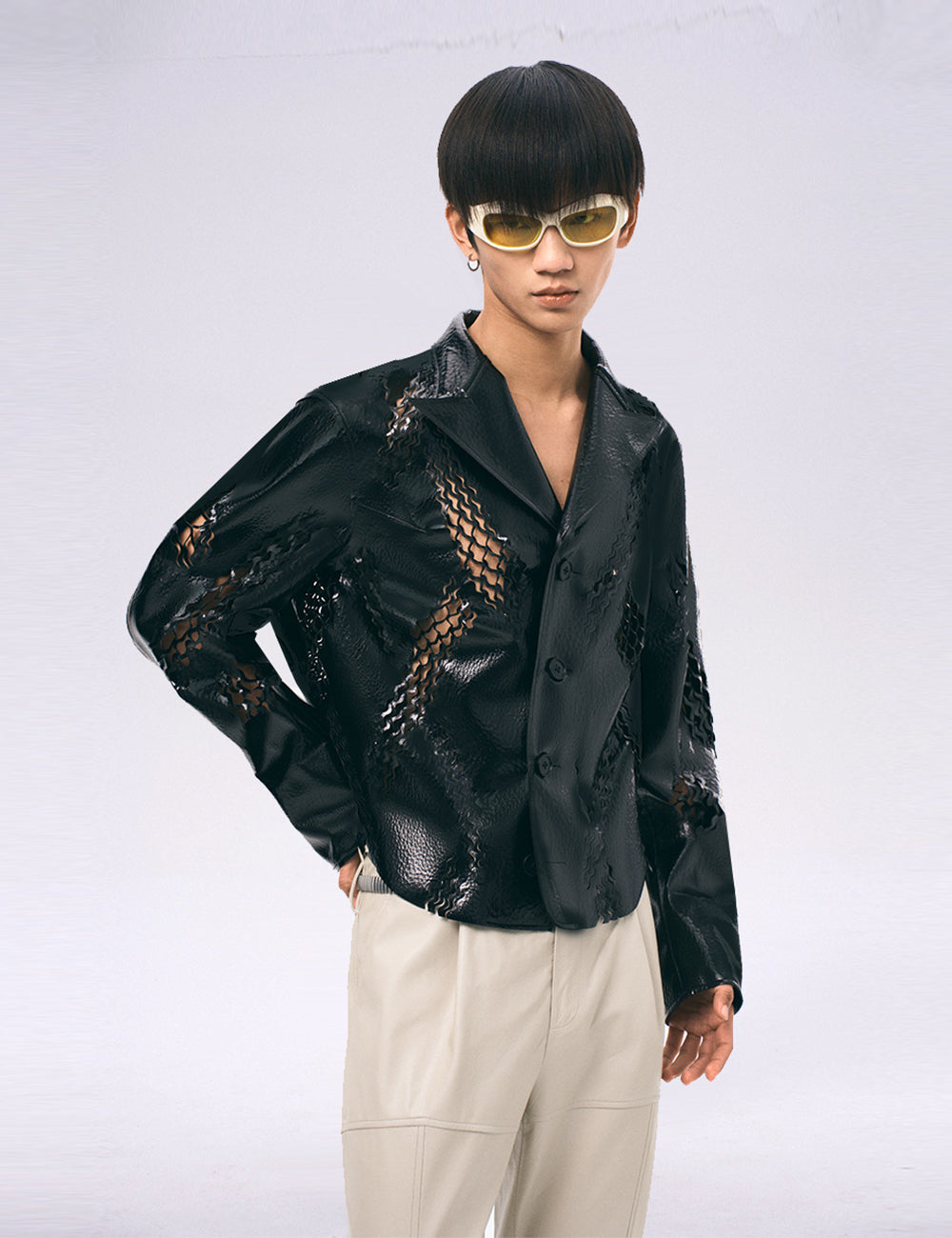 Xu Zhang Black Laser Cut Leather Jacket