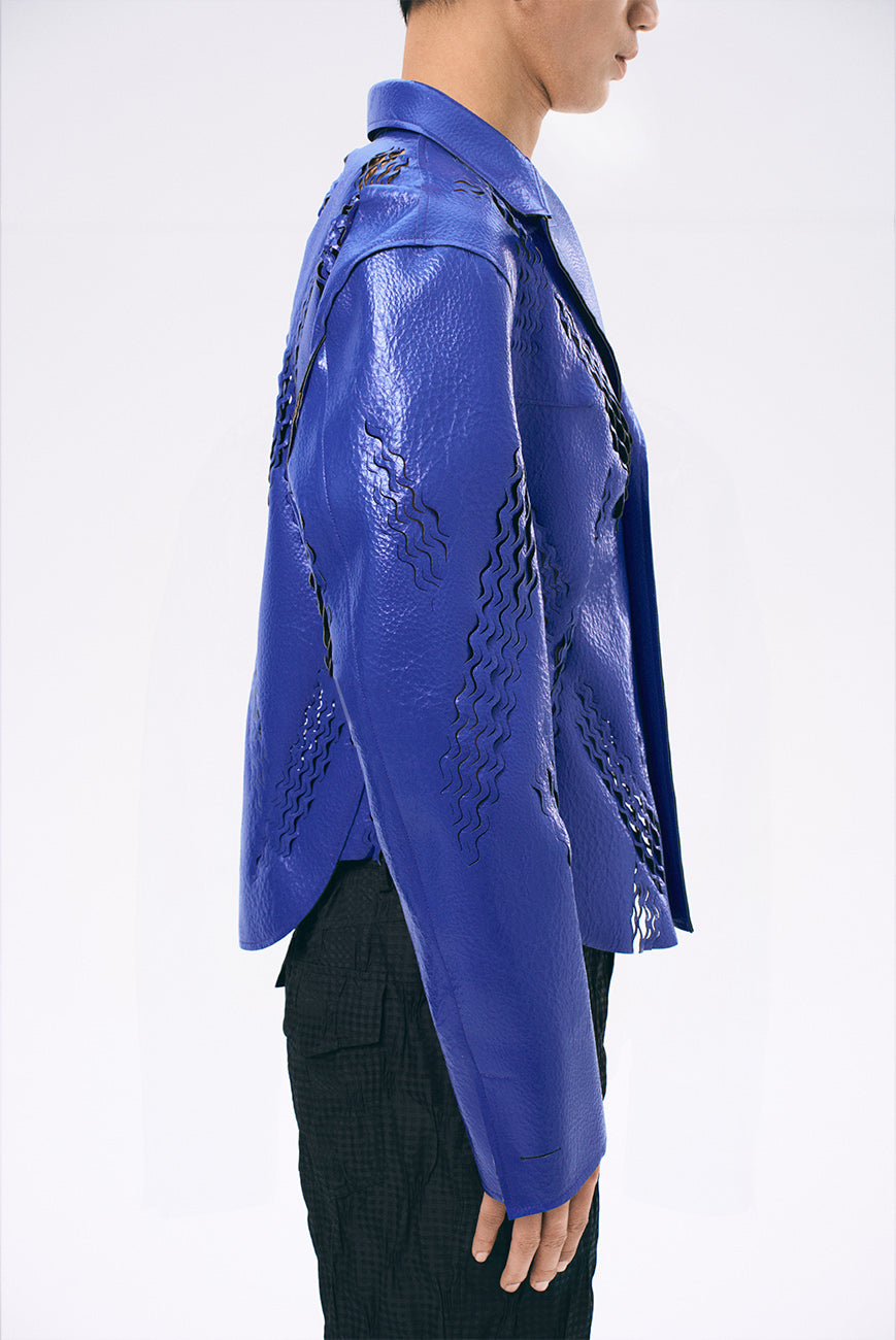 Xu Zhang Blue Laser Cut Leather Jacket