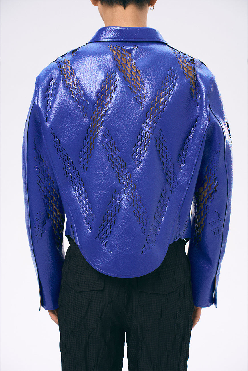 Xu Zhang Blue Laser Cut Leather Jacket