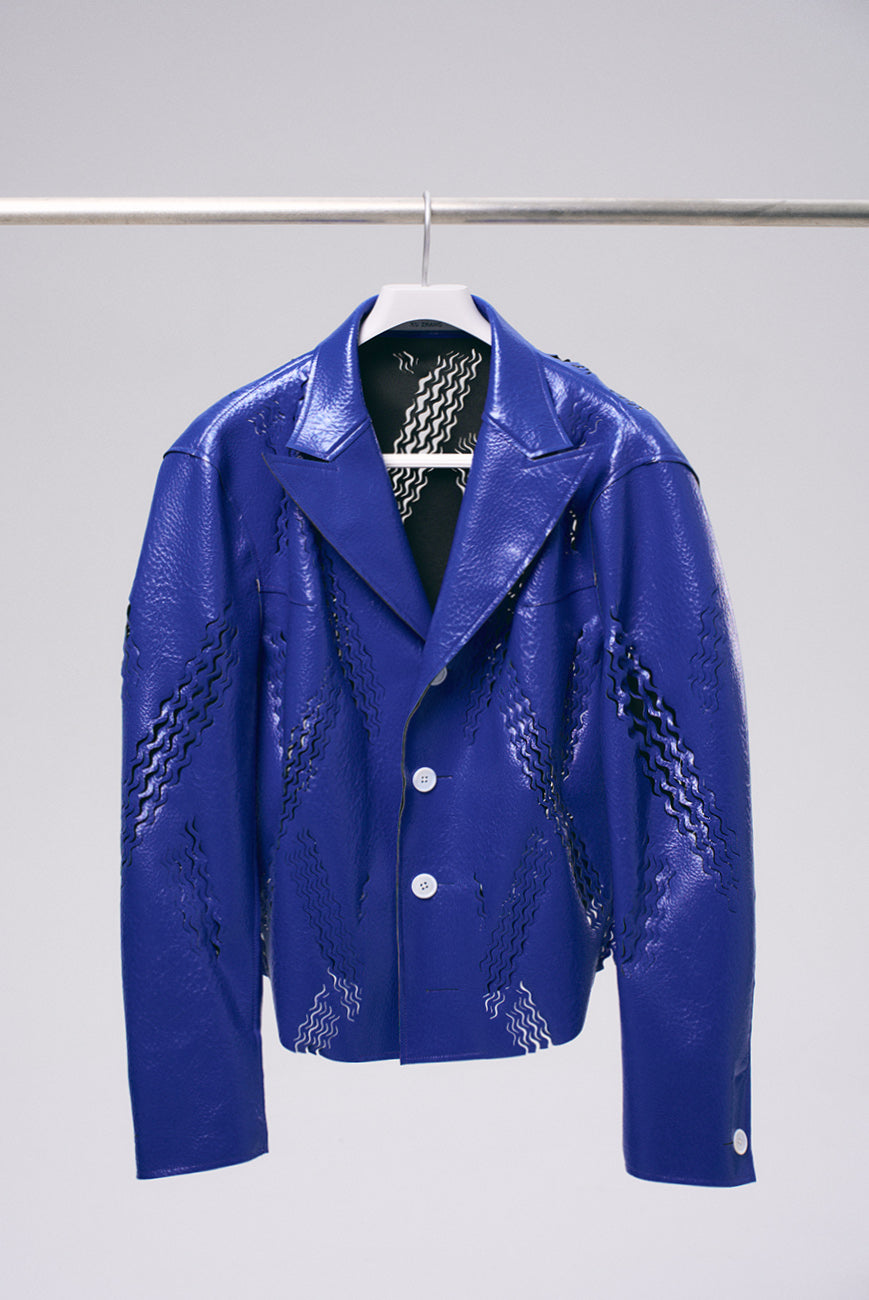Xu Zhang Blue Laser Cut Leather Jacket