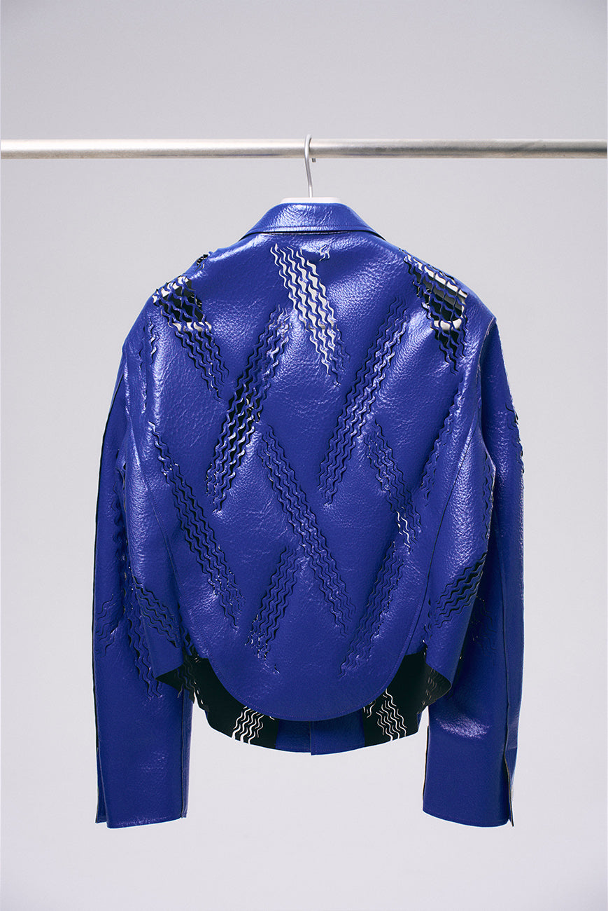 Xu Zhang Blue Laser Cut Leather Jacket