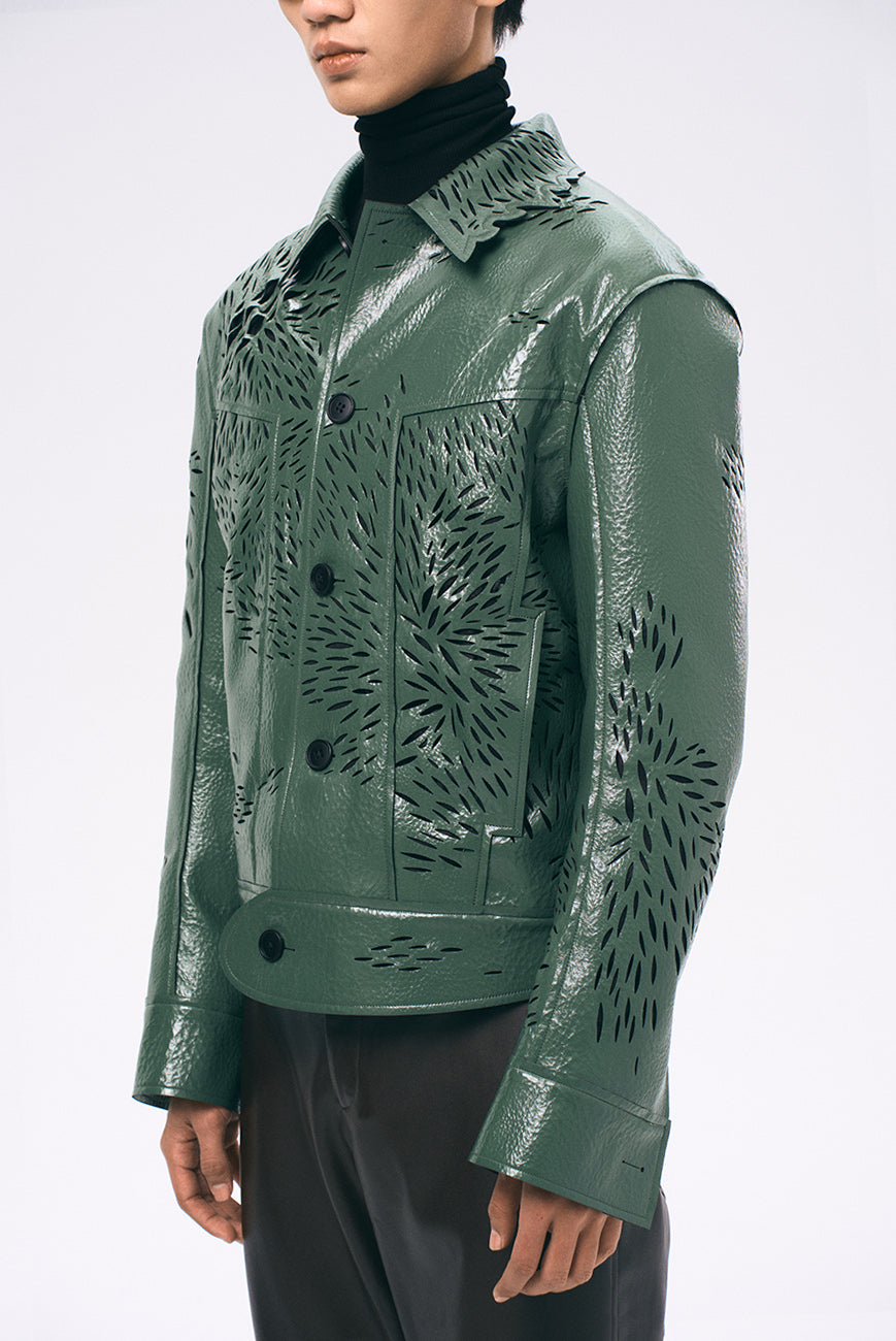 Xu Zhang Green Laser Cut Leather Jacket