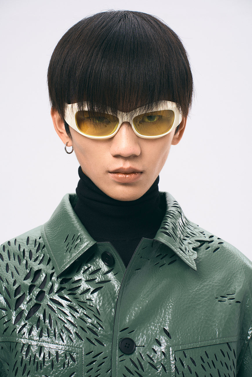 Xu Zhang Green Laser Cut Leather Jacket