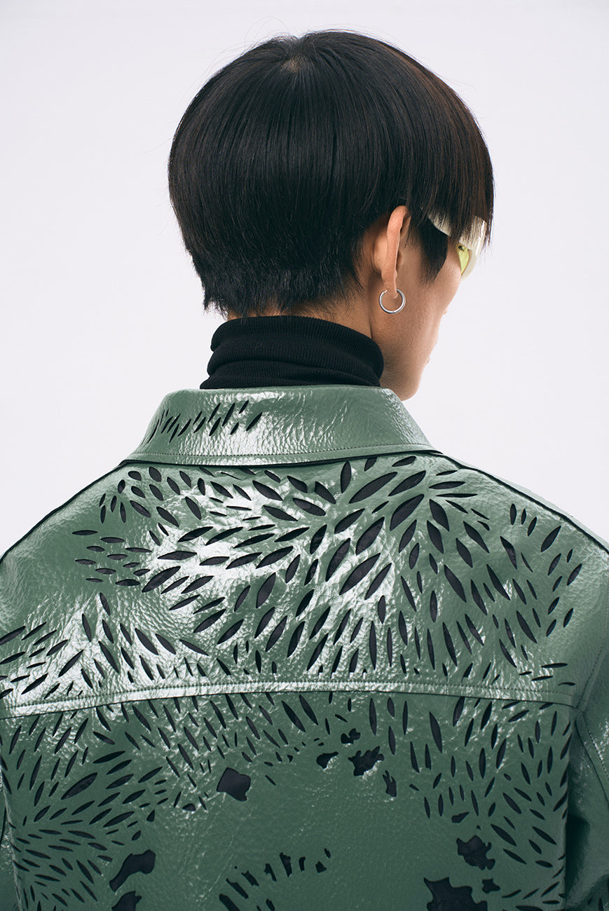 Xu Zhang Green Laser Cut Leather Jacket