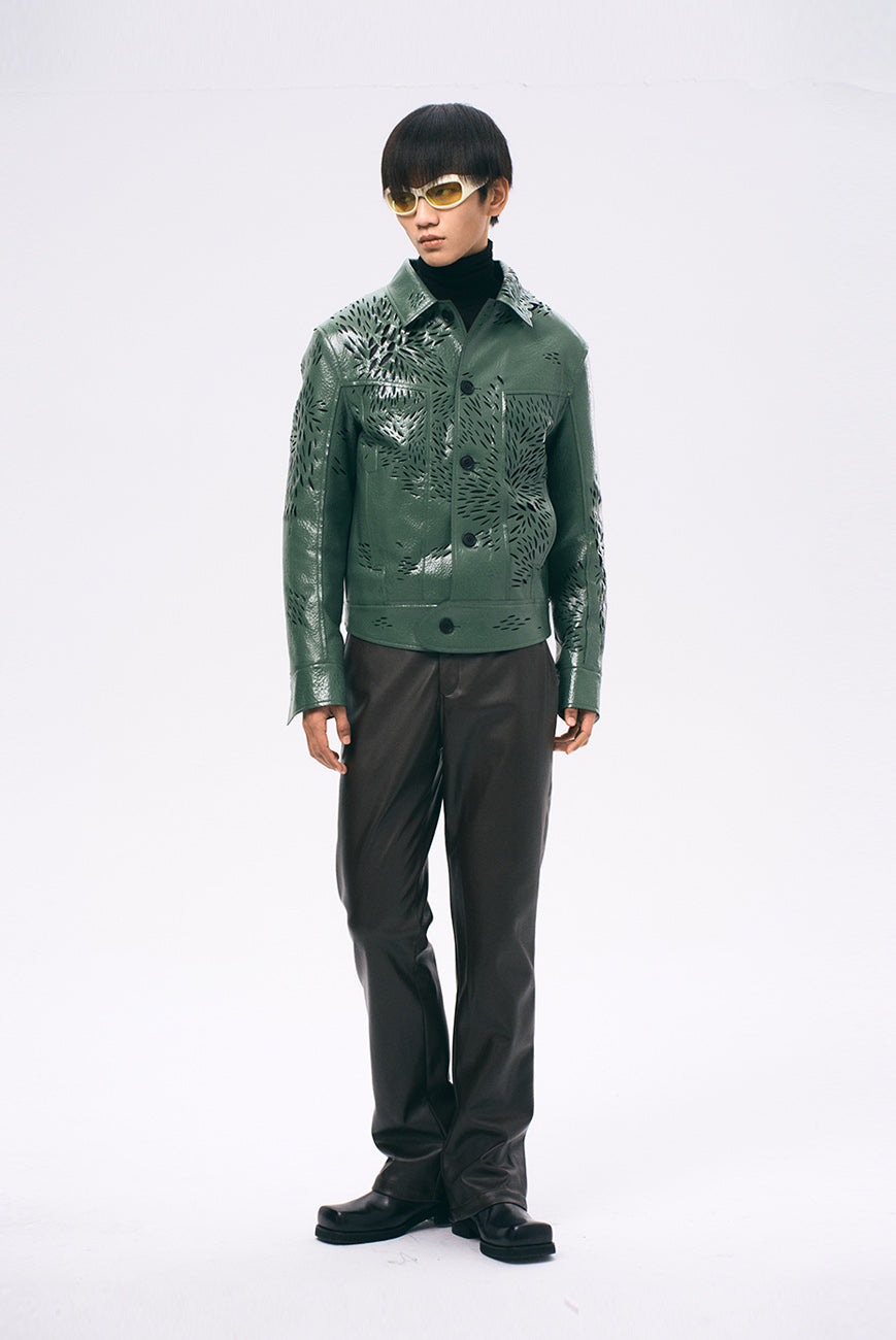 Xu Zhang Green Laser Cut Leather Jacket