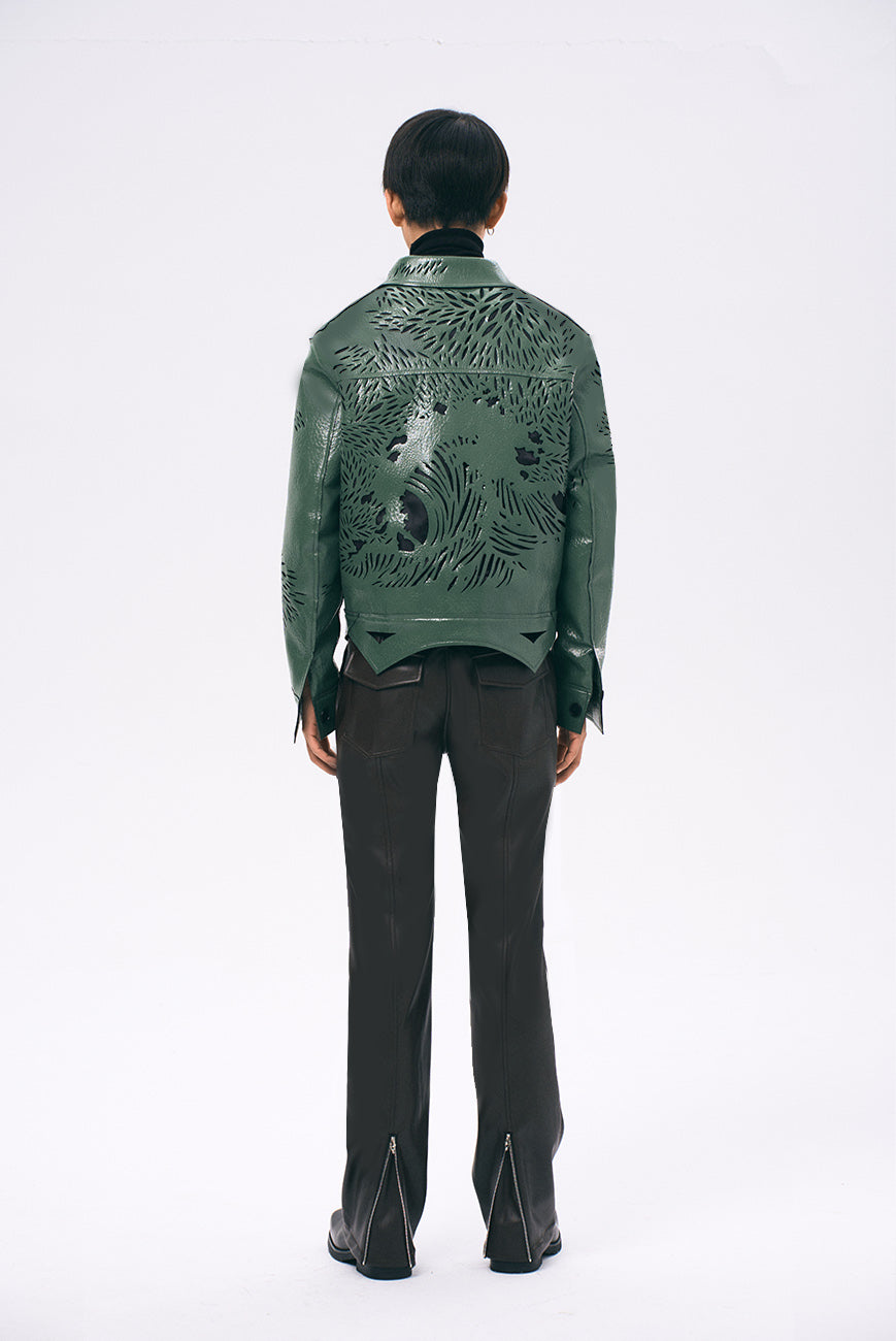 Xu Zhang Green Laser Cut Leather Jacket