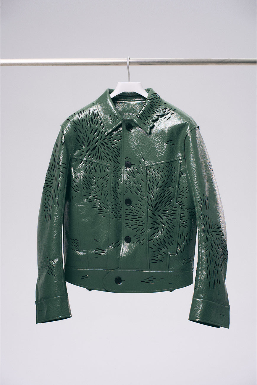 Xu Zhang Green Laser Cut Leather Jacket