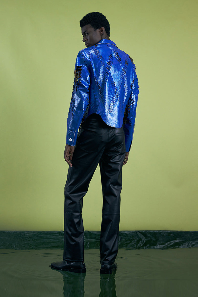 Xu Zhang Blue Laser Cut Leather Jacket